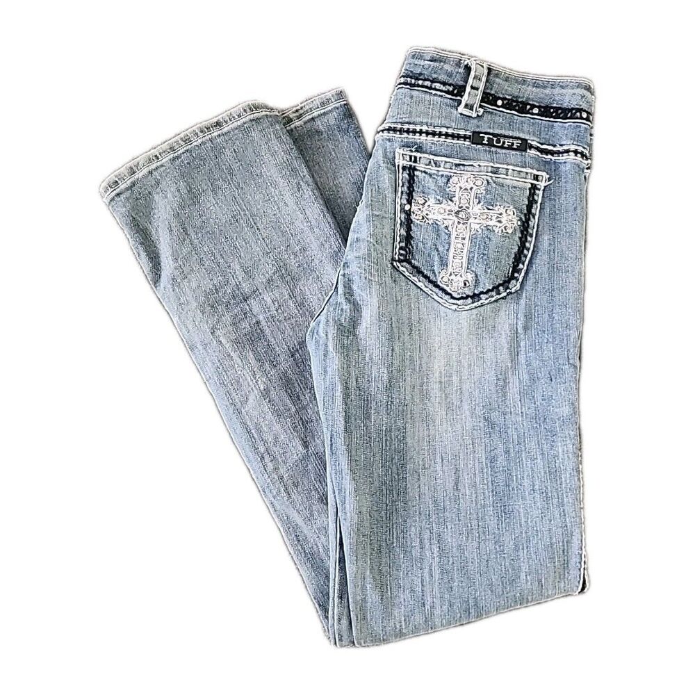 Cowgirl Tuff Jeans Victory B&W Womens 30x33 Western Cross Thick Stitch Mid Rise